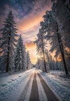 Road leading towards colorful sunrise between snow covered trees with epic milky way on the sky. AI generated photo