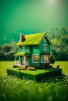 Copy space of home and life concept. Small model home on green grass with sunlight abstract background.. AI generated photo