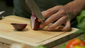 Professional chef prepares and cuts red onion. Close up slow motion video
