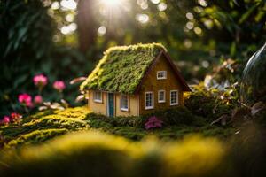 Eco Friendly House - Paper Home On Moss In Garden. AI generated photo