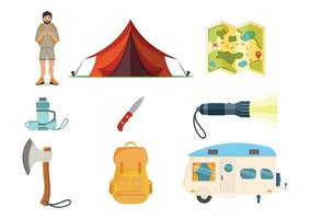 Set of hiking camping items and tools vector illustration