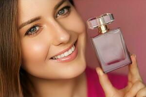 perfume, belleza producto y productos cosméticos modelo cara retrato en rosado fondo, hermosa mujer participación fragancia botella con floral femenino aroma, Moda y maquillaje foto