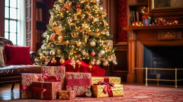 Christmas gifts, happy holidays and holiday celebration, wrapped gift boxes, presents and decorated Christmas tree, generative ai photo