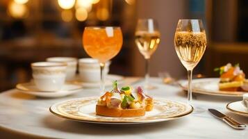 Luxury food service, appetisers and desserts served at a restaurant or formal dinner event in classic English style in the luxurious hotel or country estate, generative ai photo