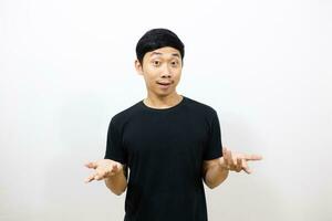 Asian man black shirt showing hand up feels confused photo