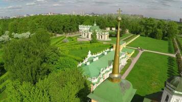 Architecture ensemble and landscapes in Tsaritsyno Park, aerial view video