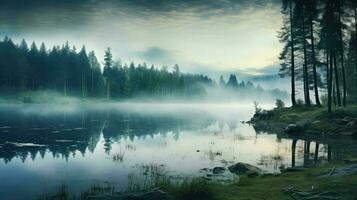naturaleza brumoso bosque lago ai generado foto