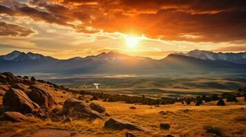 montaña puesta de sol terminado Montañas Rocosas ai generado foto