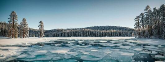 Blue ice and cracks on the surface of the ice. Frozen lake under a blue sky in the winter. The hills of pines. Winter. Carpathian, Ukraine, Europe.. AI generated photo