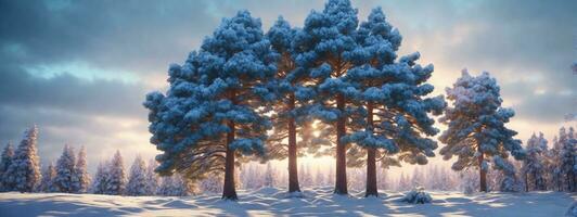 Pine trees covered with snow on frosty evening. Beautiful winter panorama. AI generated photo