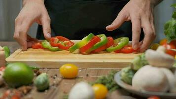 professionell kock förbereder röd och grön klocka peppar. stänga upp långsam rörelse video
