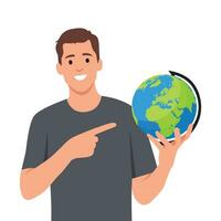 The successful businessman holds in a hand globe on. He is pointing and showing to the globe. vector