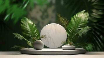 minimal Podium Anzeige mit Pflanzen zum kosmetisch Produkt Präsentation, Sockel oder Plattform Hintergrund, mit Bewegung Schatten von Blatt video