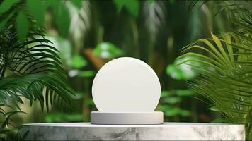 minimal podium display with plants for cosmetic product presentation, pedestal or platform background, with motion shadow of leaf video