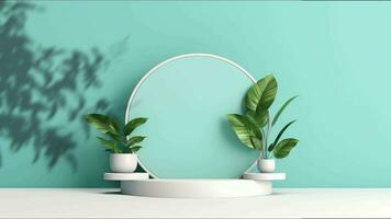 minimal podium display with plants for cosmetic product presentation, pedestal or platform background, with motion shadow of leaf video