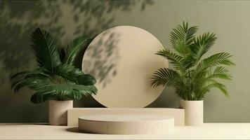 minimal podium display with plants for cosmetic product presentation, pedestal or platform background, with motion shadow of leaf video