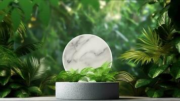 minimal podium display with plants for cosmetic product presentation, pedestal or platform background, with motion shadow of leaf video