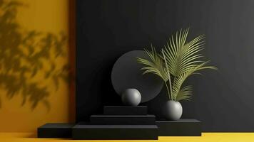 minimal podium display with plants for cosmetic product presentation, pedestal or platform background, with motion shadow of leaf video