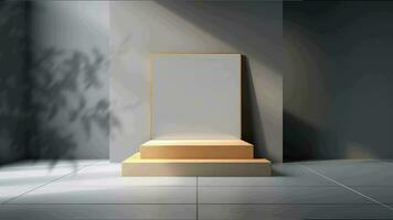 mínimo podio monitor con plantas para cosmético producto presentación, pedestal o plataforma fondo, con movimiento sombra de hoja video