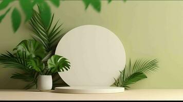 minimal podium afficher avec les plantes pour cosmétique produit présentation, piédestal ou Plate-forme arrière-plan, avec mouvement ombre de feuille video