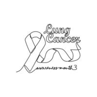 One continuous line drawing of Lung cancer awareness month with white background. medical design concept in simple linear style. Awareness ribbon design concept vector illustration.