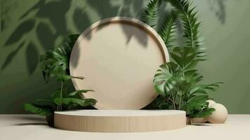 minimal podium display with plants for cosmetic product presentation, pedestal or platform background, with motion shadow of leaf video