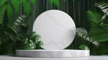 minimal podium display with plants for cosmetic product presentation, pedestal or platform background, with motion shadow of leaf video