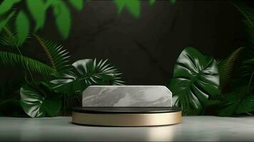 minimal podium display with plants for cosmetic product presentation, pedestal or platform background, with motion shadow of leaf video