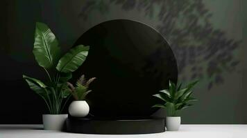 minimal podium display with plants for cosmetic product presentation, pedestal or platform background, with motion shadow of leaf video