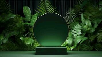 minimal podium display with plants for cosmetic product presentation, pedestal or platform background, with motion shadow of leaf video