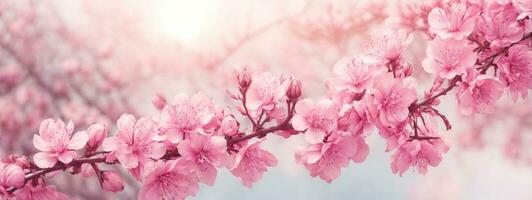 Spring border or background art with pink blossom. Beautiful nature scene with blooming tree and sun flare. AI generated photo