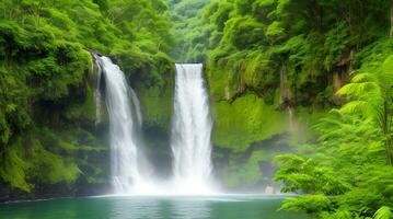 Ethereal Beauty Unveiled, A Captivating Photograph of a Majestic Waterfall Cascading Amidst a Verdant Paradise, a Nature Lover's Dream Come True photo