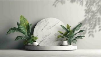 minimal podium display with plants for cosmetic product presentation, pedestal or platform background, with motion shadow of leaf video