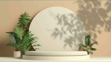 minimal podium display with plants for cosmetic product presentation, pedestal or platform background, with motion shadow of leaf video