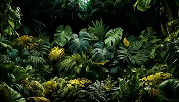 Plants and leaves of the Amazonian vegetation. Vertical garden with tropical green leaf contrast. Amazonian Vertical Garden - Contrast of Tropical Plants and Leaves. Generative AI, photo