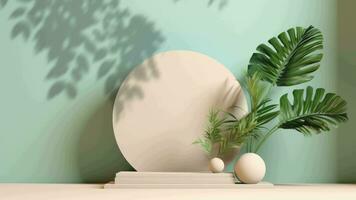 minimal podium afficher avec les plantes pour cosmétique produit présentation, piédestal ou Plate-forme arrière-plan, avec mouvement ombre de feuille video