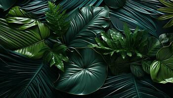 Plants and leaves of the Amazonian vegetation. Vertical garden with tropical green leaf contrast.Tropical Design - Eco and Tropical Leaves in Vibrant Tones. Generative AI, photo