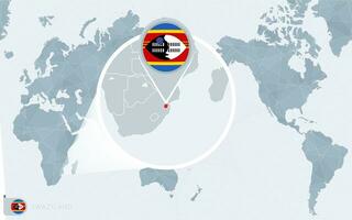 Pacífico centrado mundo mapa con magnificado swazilandia bandera y mapa de swazilandia vector