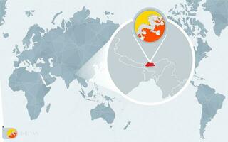 Pacific Centered World map with magnified Bhutan. Flag and map of Bhutan. vector