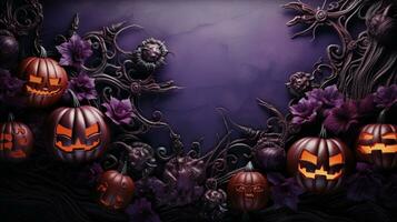 Lovely Halloween Background with Pumpkins, Bats, Spiders and Purple Autumn Leaves and Space for Text. generative AI, photo