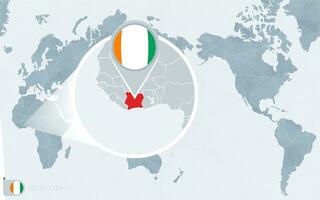 Pacific Centered World map with magnified Ivory Coast. Flag and map of Ivory Coast. vector