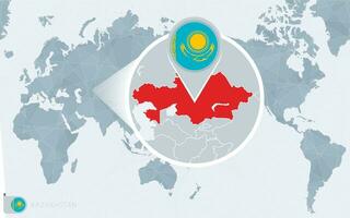 Pacific Centered World map with magnified Kazakhstan. Flag and map of Kazakhstan. vector