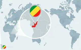 Pacific Centered World map with magnified Congo. Flag and map of Congo. vector