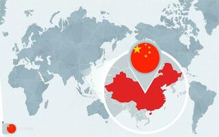 Pacific Centered World map with magnified China. Flag and map of China. vector