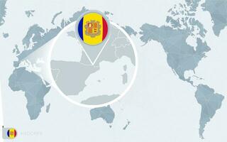 Pacific Centered World map with magnified Andorra. Flag and map of Andorra. vector