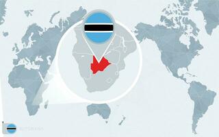 Pacífico centrado mundo mapa con magnificado botsuana bandera y mapa de botsuana vector