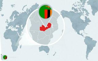 Pacific Centered World map with magnified Zambia. Flag and map of Zambia. vector