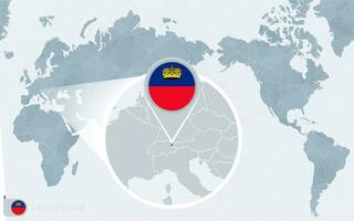 Pacific Centered World map with magnified Liechtenstein. Flag and map of Liechtenstein. vector