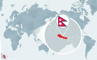 Pacific Centered World map with magnified Nepal. Flag and map of Nepal. vector