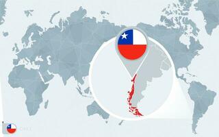 Pacific Centered World map with magnified Chile. Flag and map of Chile. vector